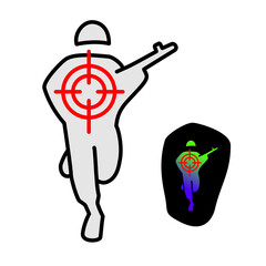 Running enemy soldier figure silhouette in aim crosshair. Military game fight battle theme symbol icon. Night vision sniper view. Archery target and gun on the white background. Editable stroke.