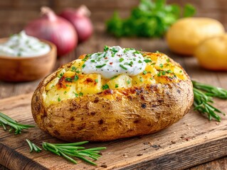 Delicious Baked Potato with Sour Cream and Fresh Herbs
