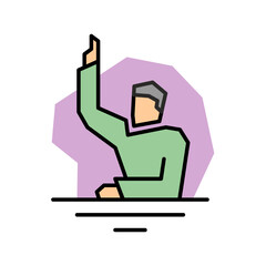 Raise hand icon with man sitting on the table. Simple stylized illustration of hand gesture for cast a vote to reply. Editable stroke.