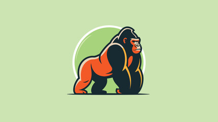 Stylized illustration of a powerful orange gorilla with black accents in dominant stance on green background with circular white emphasis © Victuscon