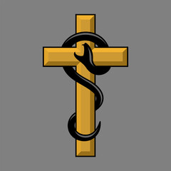Religious cross with black snake tattoo illustration. Evil serpent with open mouth icon. Mythology sin stylized symbol