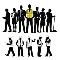 Silhouette illustration of diverse business and construction professionals in formal attire, hard hats, and safety vests on white background