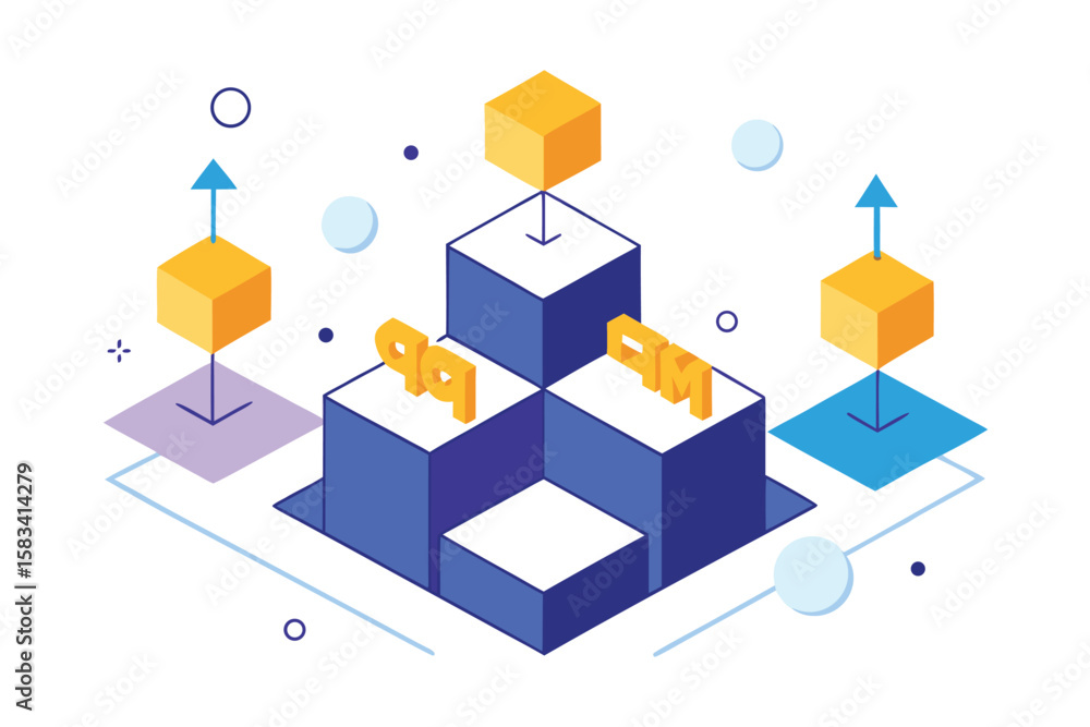 Poster abstract digital illustration of process and data flow represented by isometric blue and yellow cube