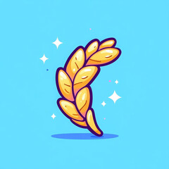 Golden wheat cartoon illustration with shiny effect, blue background, cheerful and playful mood