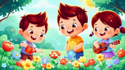 Two happy children watering flowers in sunny backyard garden, cartoon style, colorful, playful scene