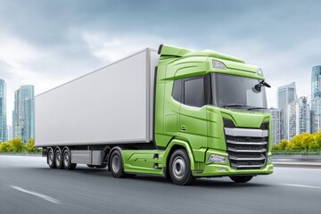 Modern Green Semi Truck Driving in City
