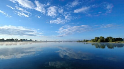 Serene Reflection of Blue Sky and Fluffy Clouds Over Calm Water Body at Dawn