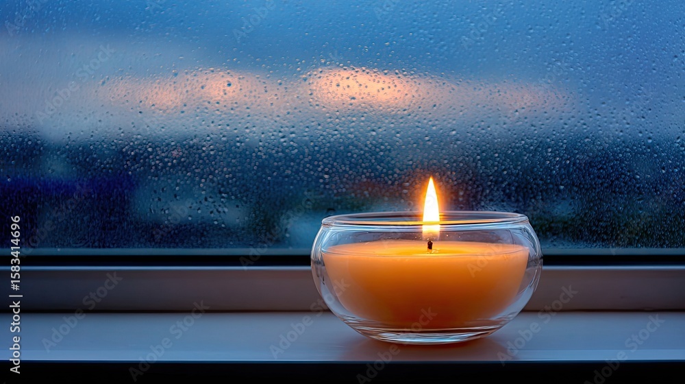 Poster soft glow of candlelight through rain-drenched window at dusk creating a peaceful and serene atmosph