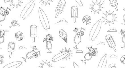 Summer themed seamless pattern with surfboards cocktails ice cream and suns. © KMB