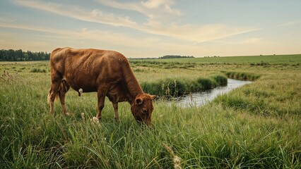 Near a modest river, a cow is feeding in a meadow in a rural area, background clear for copy