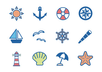シンプルなマリンモチーフのアイコンセット（カラー）