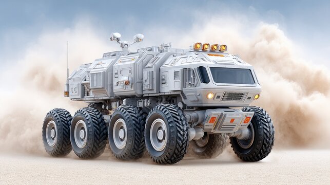 Futuristic all-terrain exploration vehicle in desert