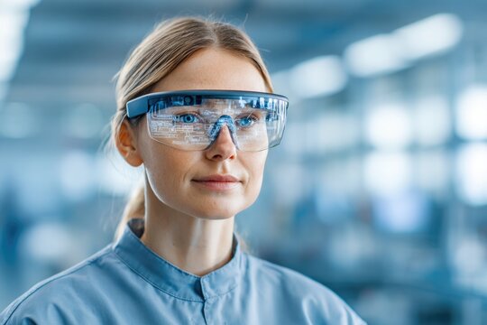 Female engineer using augmented reality glasses