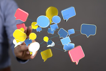 Abstract image of interconnected speech bubbles, symbolizing global communication and networking.