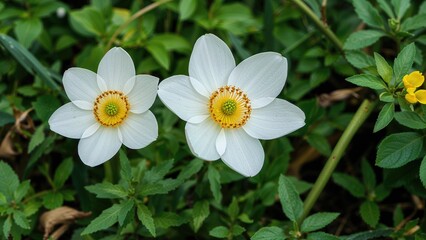 White wood anemones featuring radiant yellow centers thrive amidst lush greenery in a natural woodland scene