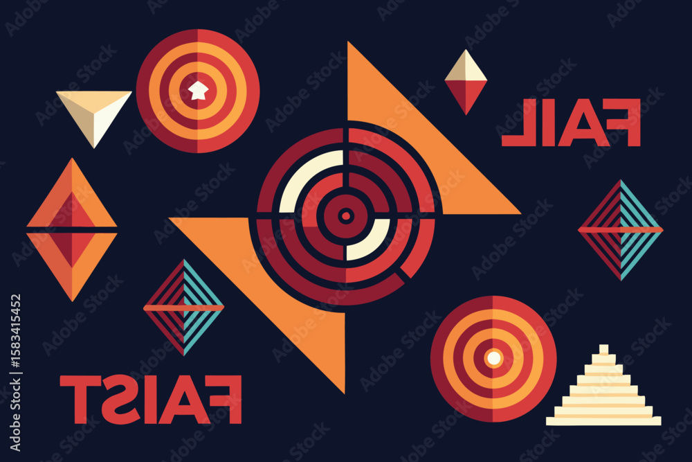 Poster abstract geometric composition featuring target shapes triangles diamonds and the word fail in color