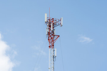 Signal tower or Mobile phone tower with dayligth sky. Telecommunication tower with 5G cellular...