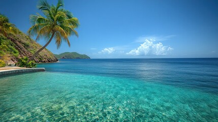 Naklejka premium Tropical paradise, crystal-clear water, lush vegetation. Coastal view of a calm bay