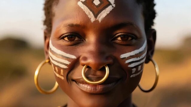 Close-up de una mujer africana de la tribu zulú, con intrincados patrones de pintura facial 