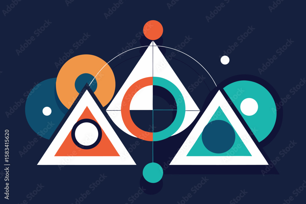 Poster abstract geometric composition featuring triangles circles and lines on a dark blue background desig
