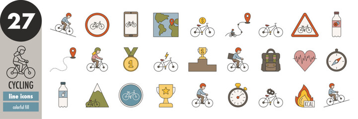 Cycling, biking - thin line icons set with colorful fill. Bicycle, bike, cyclist, bike route, e-bike, biking app, map, competition, mountain biking, reward, sport, vector illustration