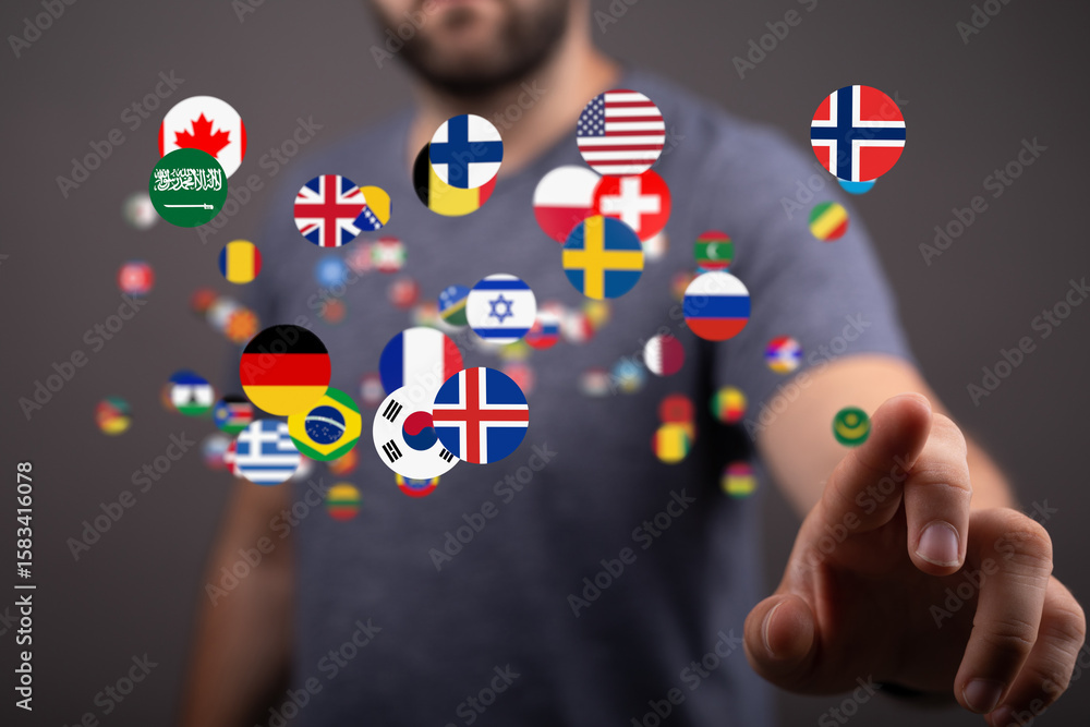 Poster image of a person interacting with a digital display of world flags, symbolizing global connections 