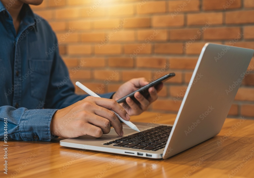 Poster man works on a laptop computer with hands typing on the keyboard in an office, connecting to busines
