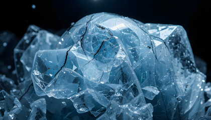 A close-up reveals the intricate network of scratches and cracks on a shimmering crystal surface, illuminated by a focused light source.