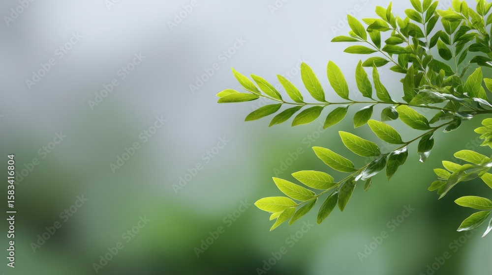 Poster fresh green leaves on branch with soft blurred background in natural setting ideal for nature and bo