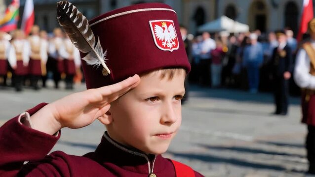 Un niño polaco de unos 7 años, con una expresión seria y orgullosa, luciendo una gorra Rogatywka