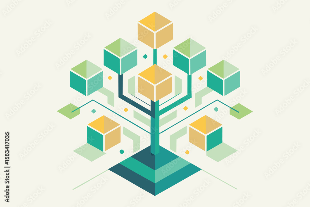 Poster abstract geometric illustration depicting a tree-like structure with cube-shaped elements and branch