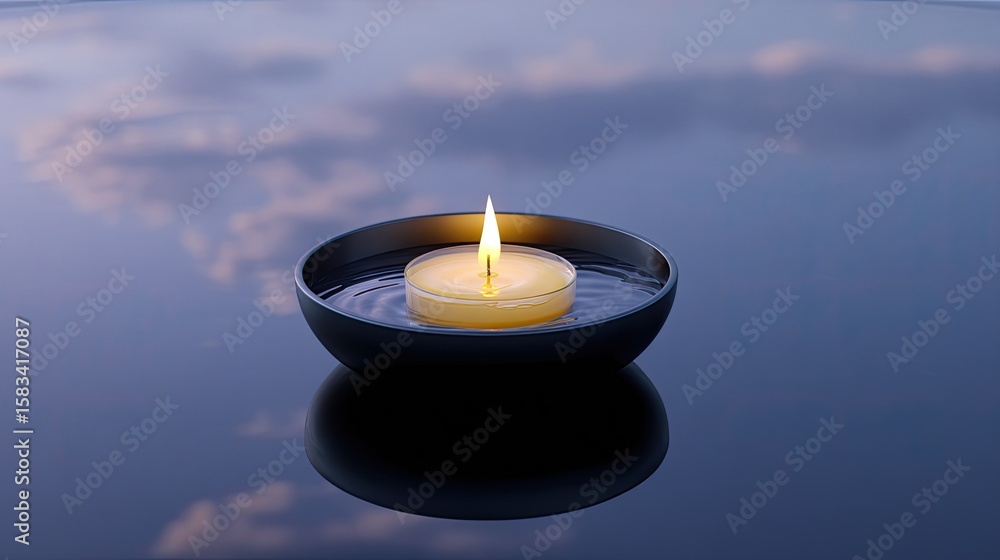 Poster tranquil floating candle on still water with soft clouds reflected in calm surface
