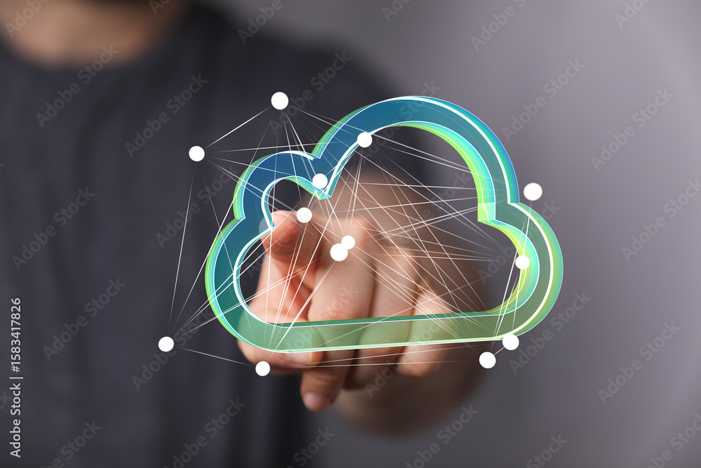 Poster high-quality image depicting cloud computing, network, data storage, and digital access.