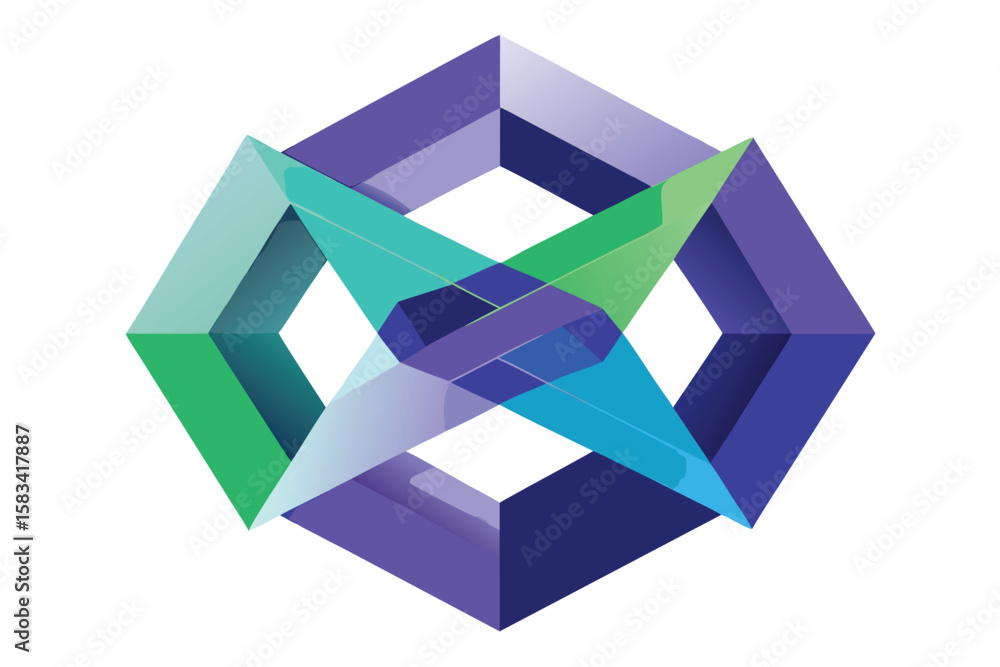 Poster abstract geometric shape with overlapping 3d elements and gradient color scheme on a white backgroun