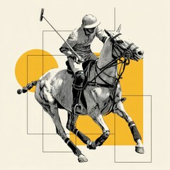 Naklejka premium A polo player swinging a mallet while riding a galloping horse