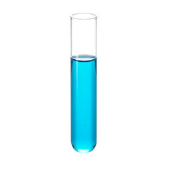 Single laboratory test tube filled with bright blue liquid isolated on transparent background