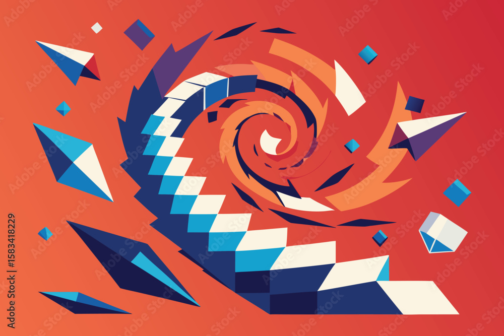 Poster abstract geometric spiral composition of triangles cubes and shapes on a vibrant orange and red grad
