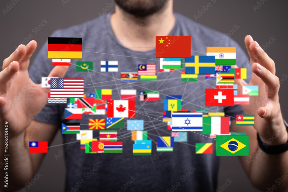 Poster image of interconnected flags representing global collaboration and communication.