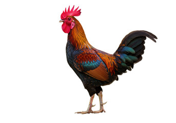 Fototapeta premium Vibrant, majestic male rooster with bright red comb, rich orange and red plumage, iridescent blue-green, glossy black feathers, standing proudly on a transparent seamless background with copy space,