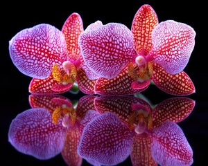Three vibrant orchids, pinkish-red with white speckles,  reflecting perfectly on a black surface