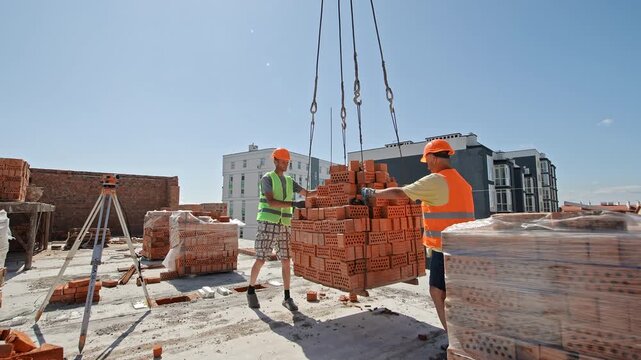 Construction workers guiding suspended brick pallet. Two construction workers in safety gear guide a crane-lifted pallet of perforated bricks at a building site under clear skies.
