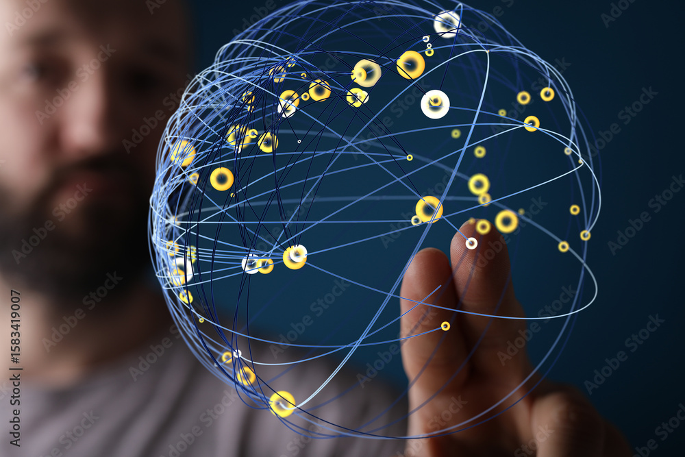 Poster abstract image of a man interacting with a digital global network, representing connection and techn