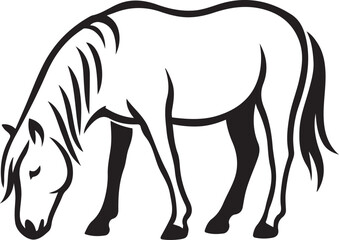 Horse grazing silhouette elegant black and white, Peaceful equine illustration style