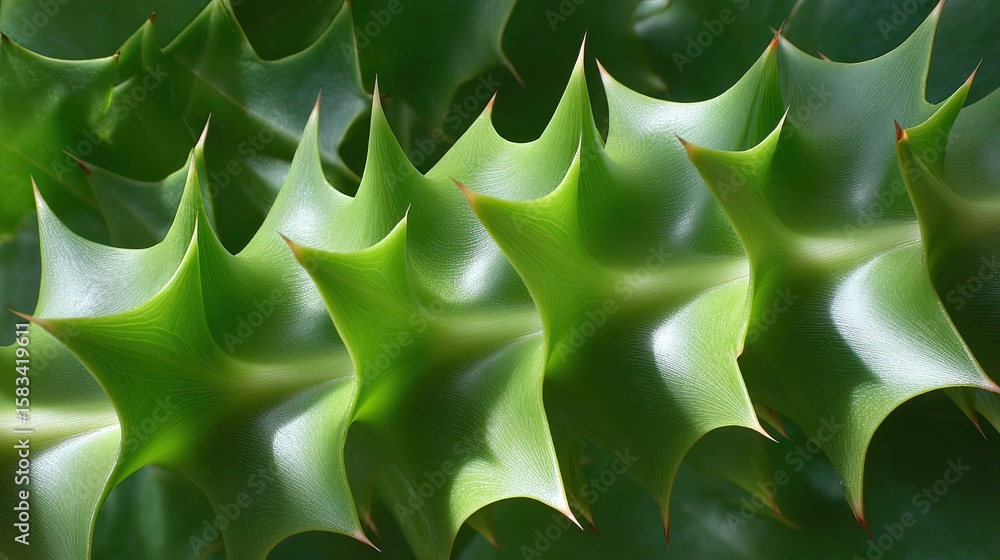 Poster close-up view of glossy green leaves with a unique spiky texture and intriguing patterns in natural 