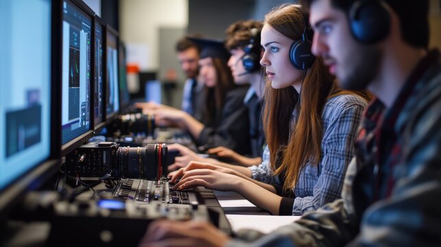 Students working on computers in a video editing lab.