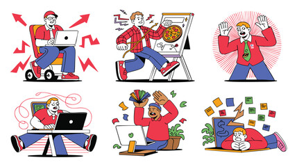 Six Unique Illustrations: Diverse Scenes of Modern Work Life and Creativity