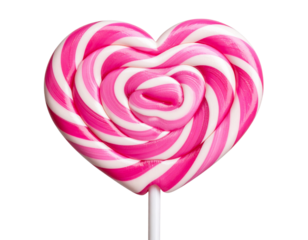  Heart-shaped pink and white swirl lollipop on stick, front view isolated on transparent background PNG