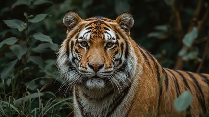 Bengal tiger portrait captured in a dense forest setting highlighting its distinctive stripes and intense gaze through foliage.