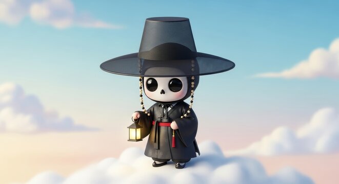 3D cartoon Korean grim reaper saja in hanbok and gat holding lantern on floating cloud
