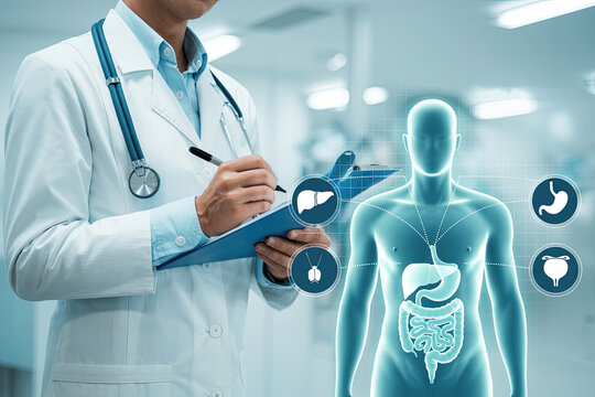 Doctor analyzing human anatomy and internal organs with digital medical icons and data visualization in a modern clinic setting
